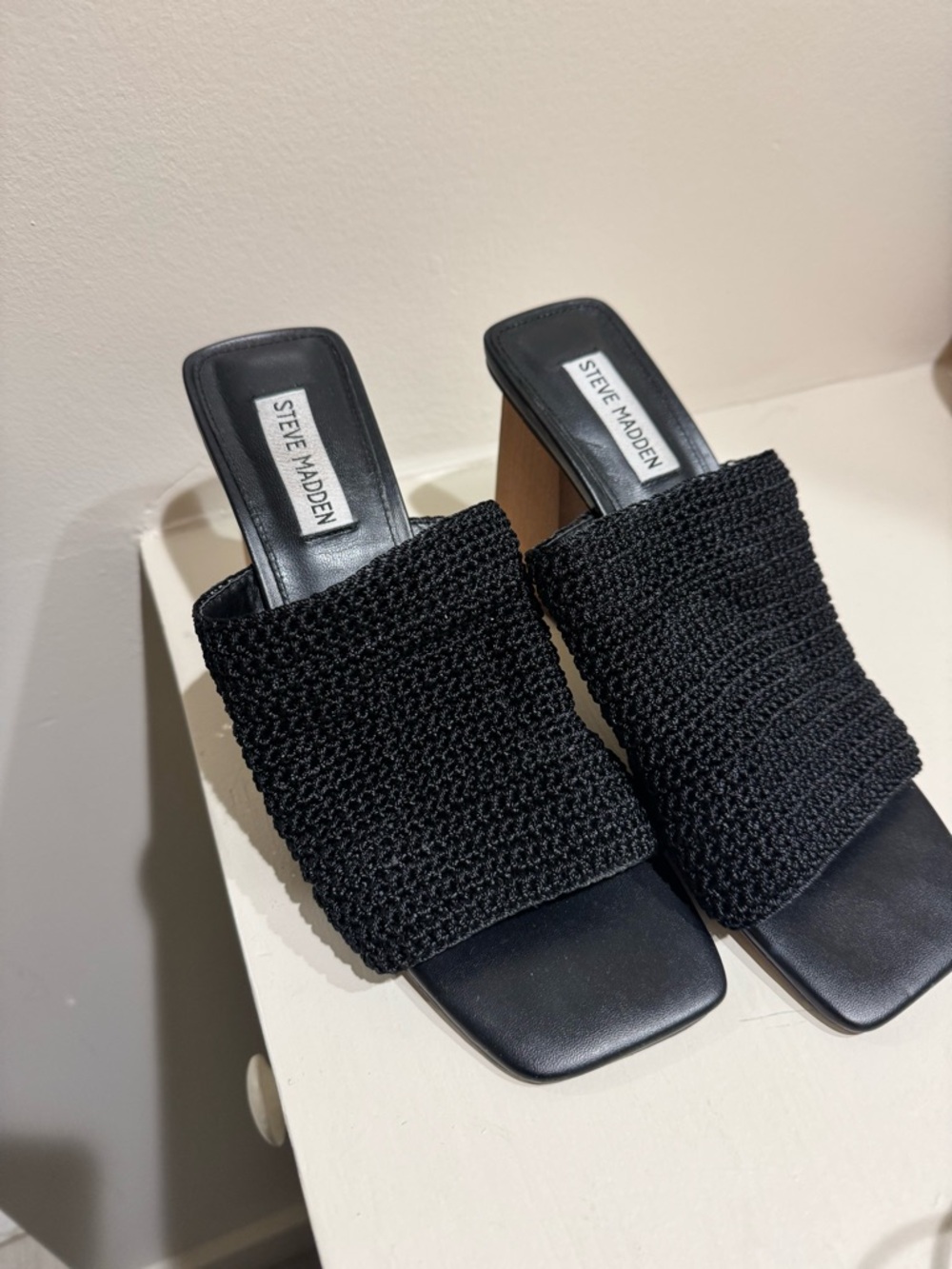 Steve Madden Black Woven Knit Block Heel Mules